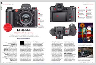 Opening two pages of the Leica SL3 camera review in the July 2024 issue of Digital Camera magazine