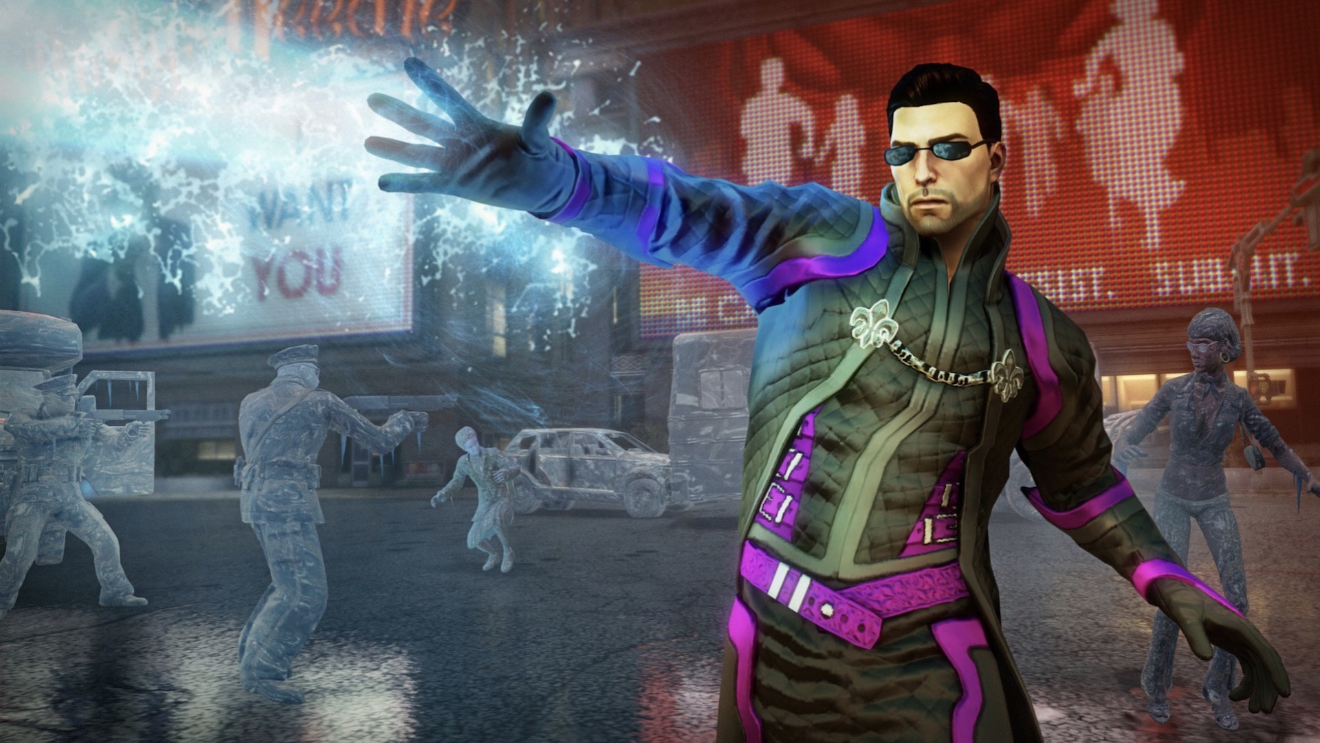A character from Saints Row 4 fires ice from their hands