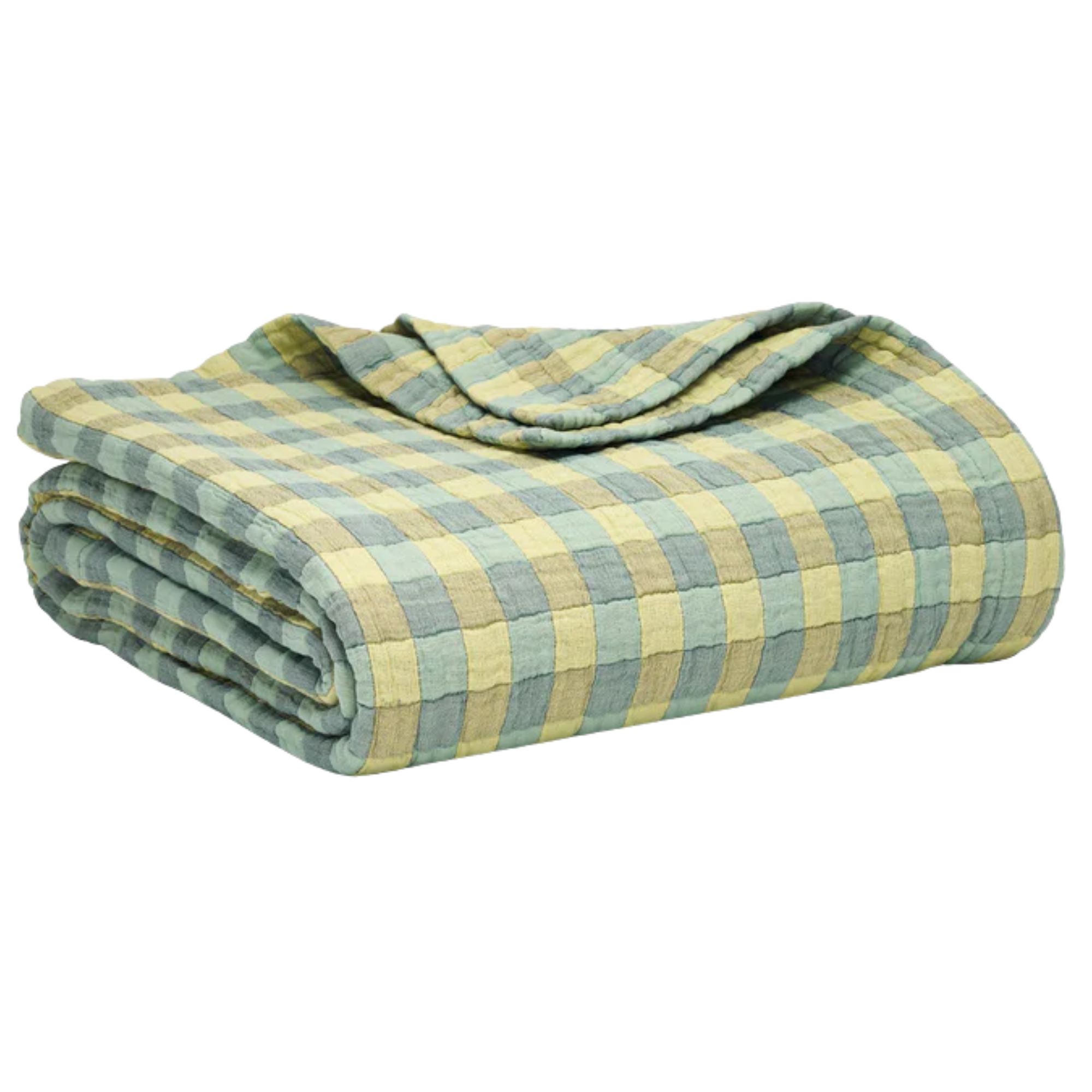 A folded Brooklinen BreezeWeave gingham comforter