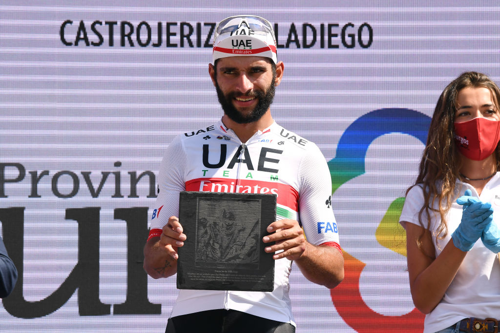VILLADIEGO SPAIN JULY 29 Podium Fernando Gaviria Rendon of Colombia and UAE Team Emirates Celebration Trophy during the 42nd Vuelta a Burgos 2020 Stage 2 a 168km stage from Castrojeriz to Villadiego VueltaBurgos on July 29 2020 in Villadiego Spain Photo by David RamosGetty Images