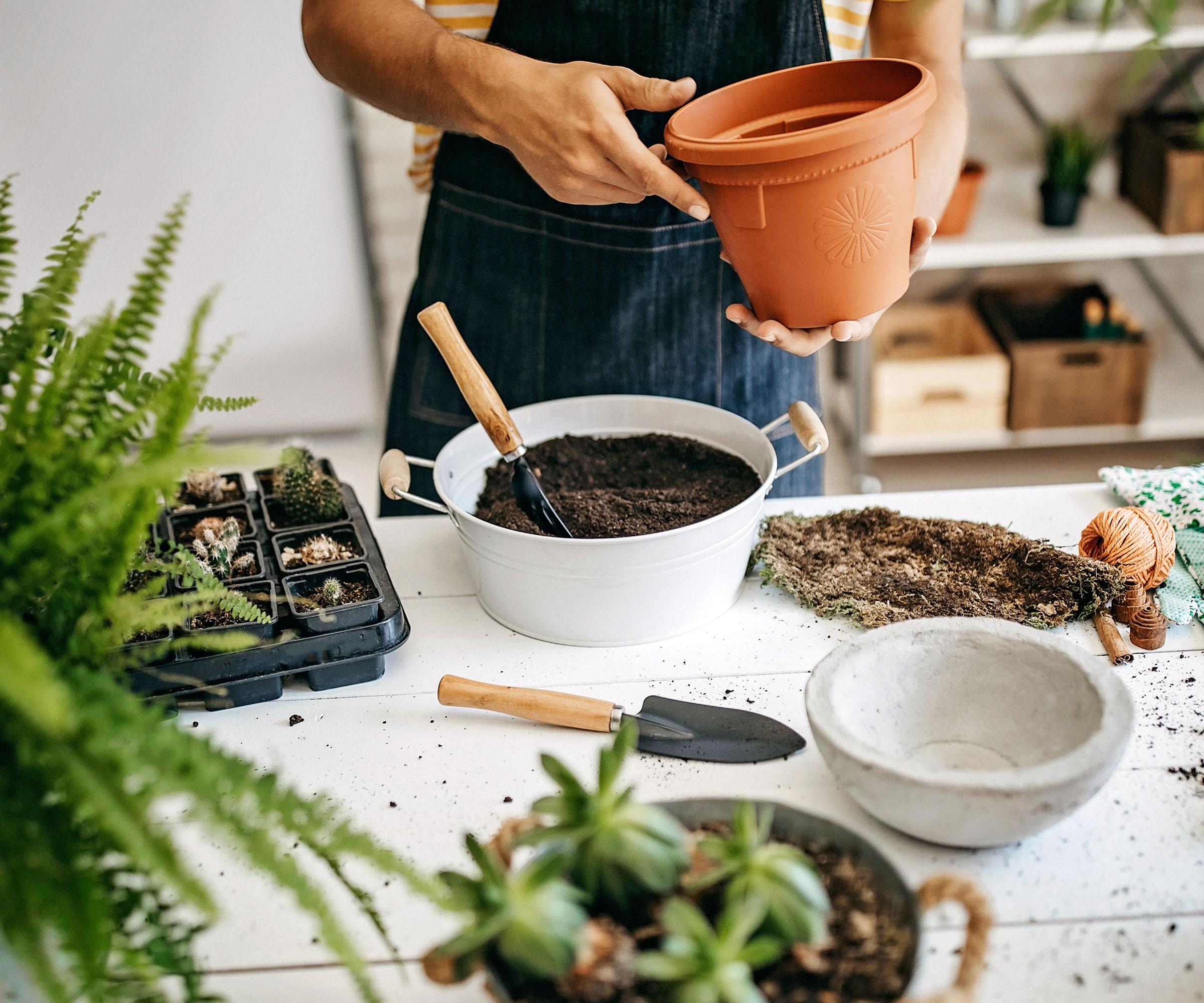 person holding orange plastic plant pot over table with trowel and bowls of potting mix