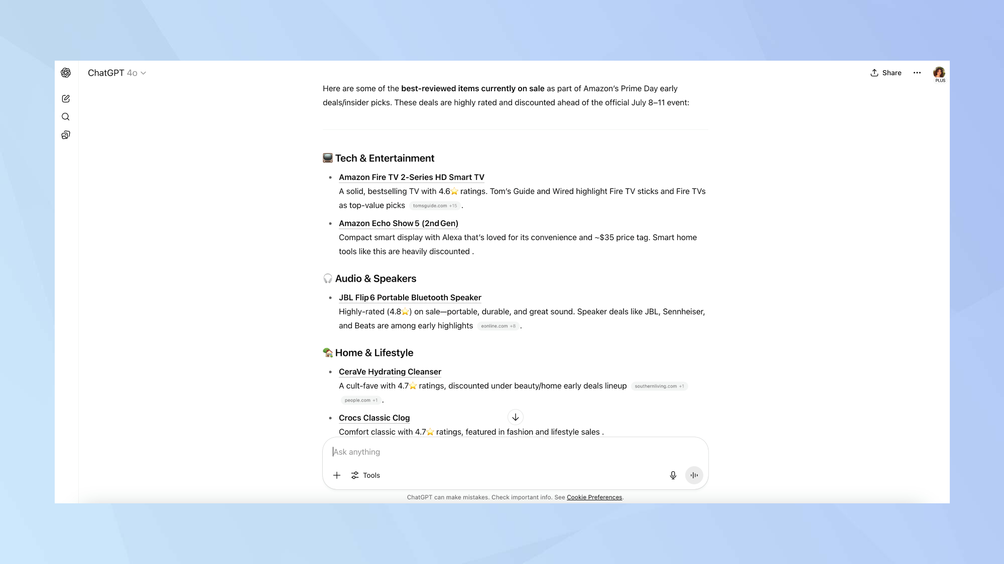 ChatGPT best reviewed products Prime Day prompt