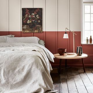 bedroom with wall panelling painted in neutral and paprika shade