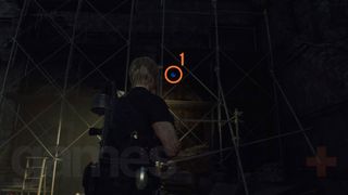 Resident Evil 4 Remake Cliffside Ruins Blue Medallion in ruins scaffolding