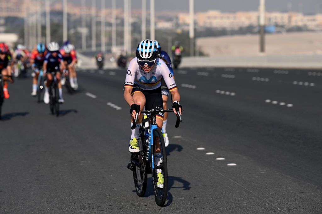ABU DHABI UNITED ARAB EMIRATES FEBRUARY 12 Liane Lippert of Germany and Movistar Team attacks in the breakaway during the 1st UAE Tour Women 2023 Stage 4 a 119km stage from Fatima Bint Mubarak Ladies Sports Academy to Abu Dhabi Breakwater UAETourWomen UCIWWT on February 12 2023 in Abu Dhabi United Arab Emirates Photo by Tim de WaeleGetty Images