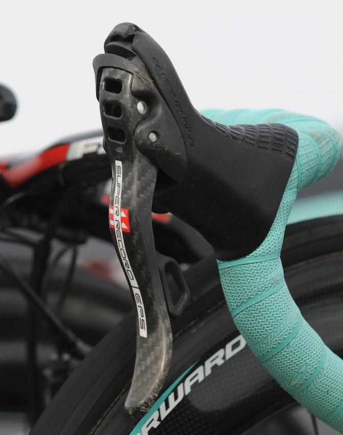 Hoogerland's Super Record EPS shifter was somewhat the worse for wear