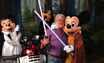 Star Wars creator George Lucas meets a group of Star Wars-inspired Disney characters in 2010 at Disney's Hollywood Studio in Florida.
