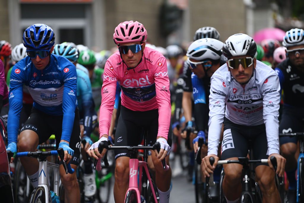 SEREGNO ITALY MAY 21 LR Davide Bais of Italy and Team EOLOKometa Blue Mountain Jersey Bruno Armirail of France and Team Groupama FDJ Pink Leader Jersey and Joo Almeida of Portugal and UAE Team Emirates White Best Young Rider Jersey prior to the 106th Giro dItalia 2023 Stage 15 a 195km stage from Seregno to Bergamo UCIWT on May 21 2023 in Seregno Italy Photo by Tim de WaeleGetty Images