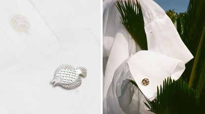 Left, silver fish cufflink and right, a shirt with a gold cufflink