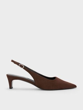 Faux Suede Pointed-Toe Kitten-Heel Slingback Pumps