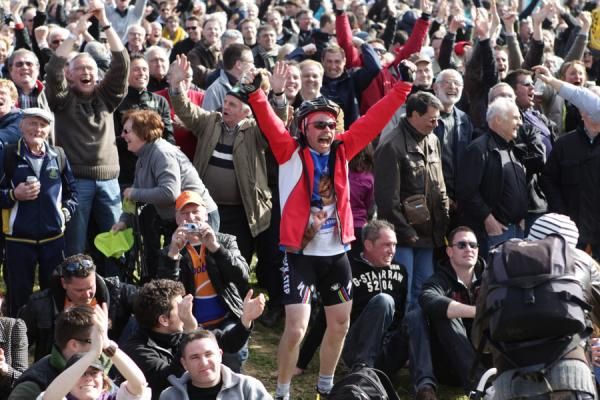 Belgian fans celebrate Tom Boonen's victory