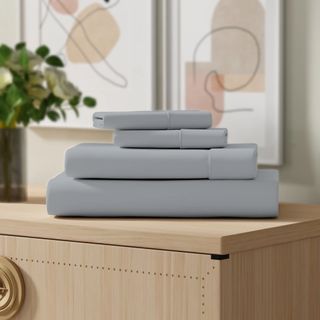 Color Sense 100% Cotton Percale Cool & Crisp 4-Piece Sheet Set Queen Light Gray