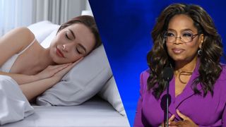 The image shows a close up shot of a dark haired woman sleeping with her head tested on a white pillow or the left, while Oprah Winfrey is seen wearing a purple suit while stood on stage on the right, in a side by side composition 