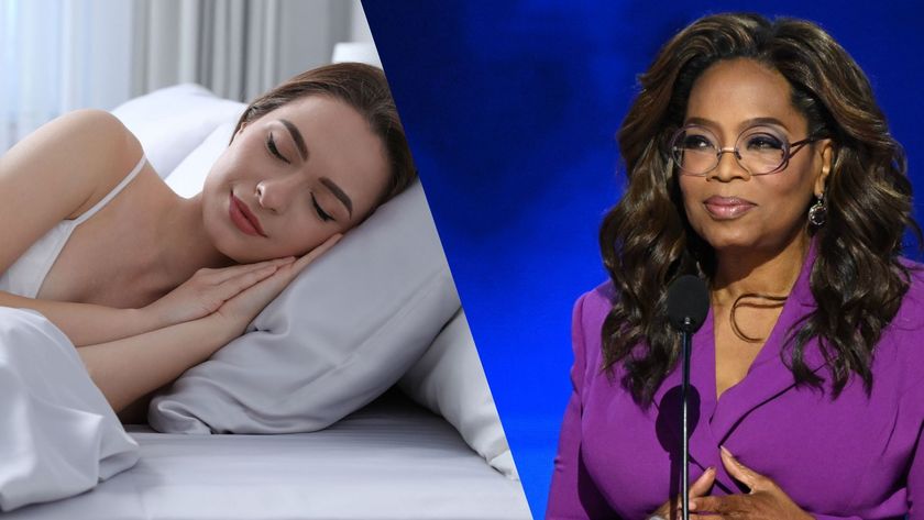 The image shows a close up shot of a dark haired woman sleeping with her head tested on a white pillow or the left, while Oprah Winfrey is seen wearing a purple suit while stood on stage on the right, in a side by side composition 