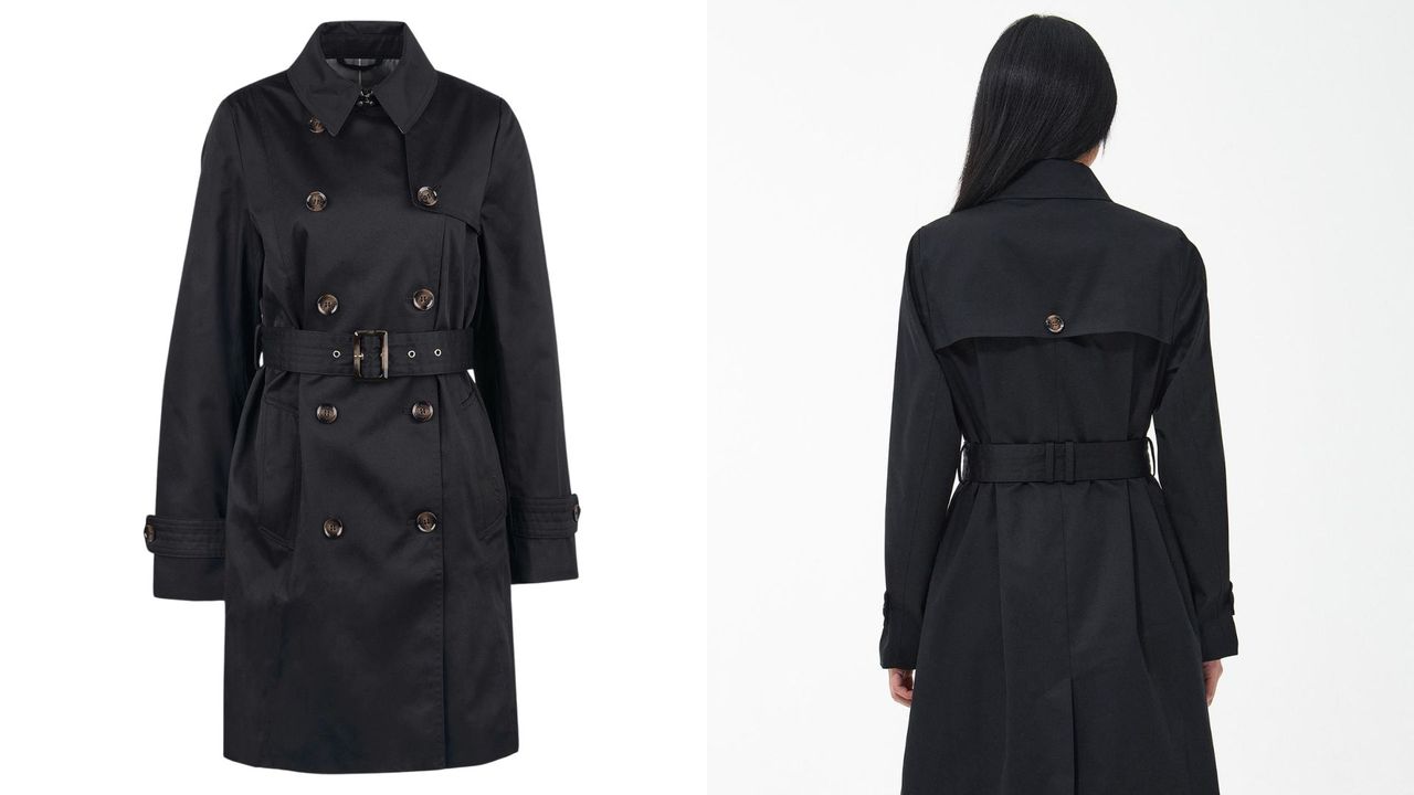 composite of barbour greta trench coat from the front and back