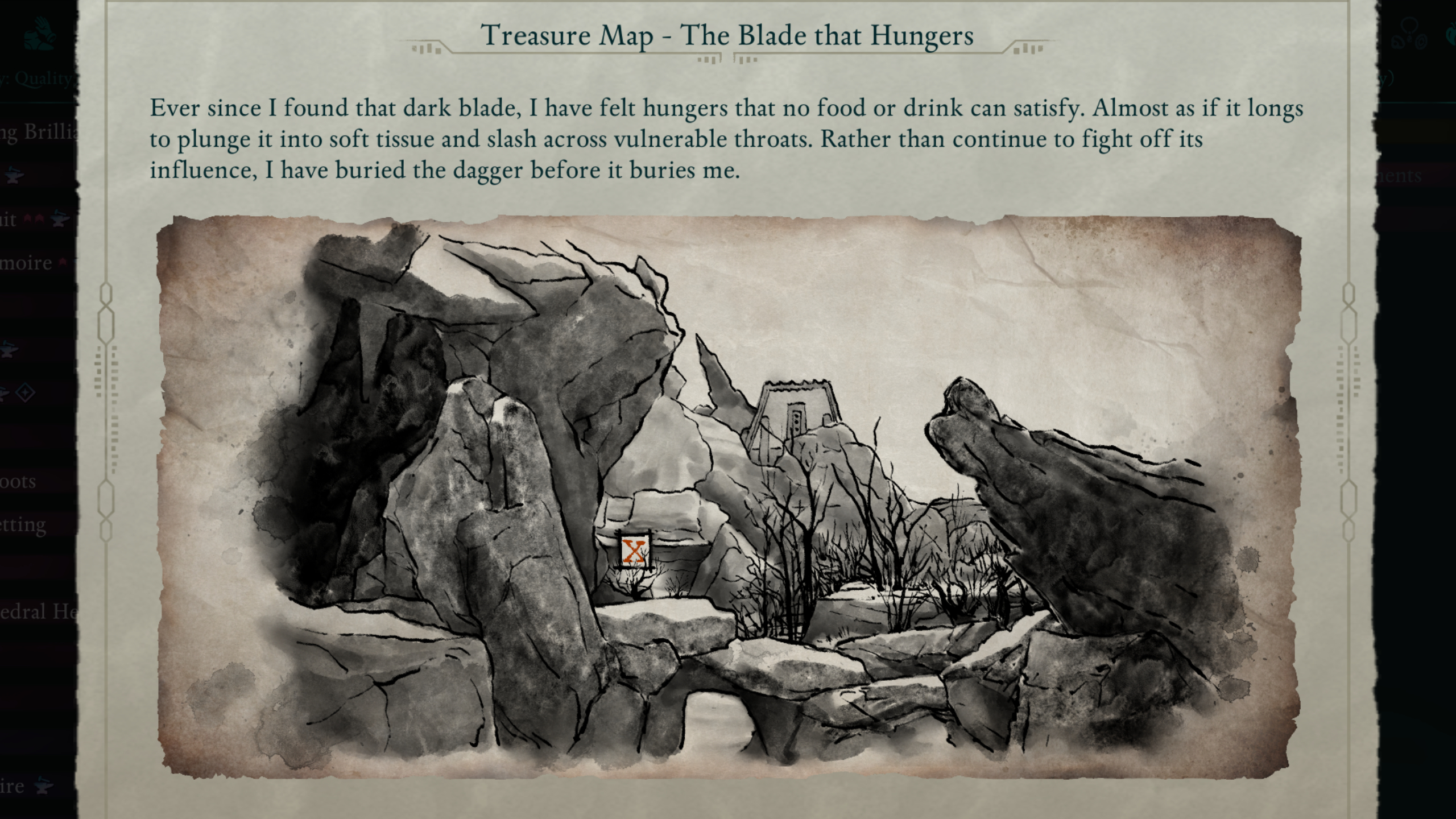 Avowed treasure maps - The clue page shows a painted map for The Blade that Hungers.