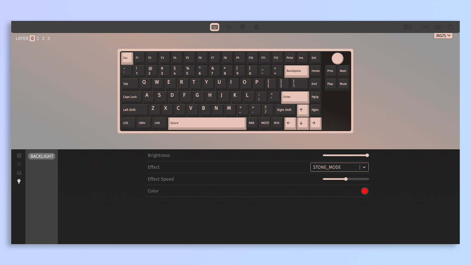 Iqunix Magi75 keyboard being customized via VIA web app