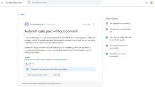 Google Wallet support page complaint about non-consensual payment
