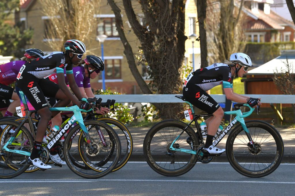 DE PANNE BELGIUM MARCH 25 Teniel Campbell of Trinidad Arianna Fidanza of Italy and Team BikeExchange during the 4th Oxyclean Brugge De Panne 2021 Women Classic a 1588km race from Brugge to De Panne OxycleanClassic UCIWWT on March 25 2021 in De Panne Belgium Photo by Luc ClaessenGetty Images