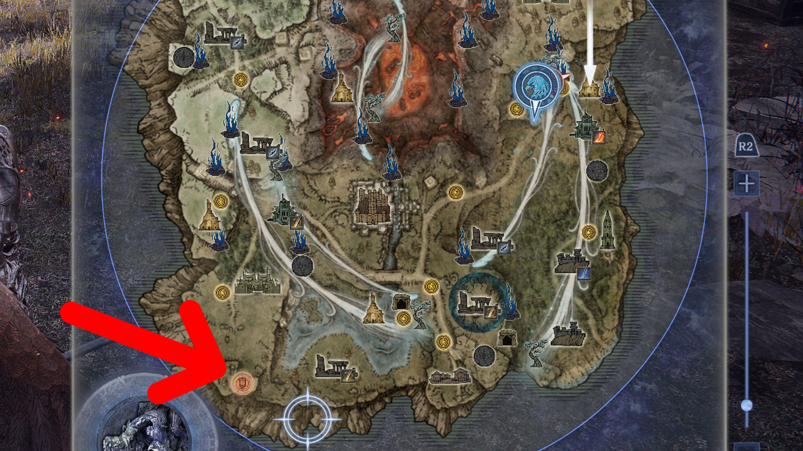 Elden Ring Nightreign Guardian Golem: A map with a red arrow pointing at an orange banner marker where you can find the Guardian Cracked Golem in Limveld.