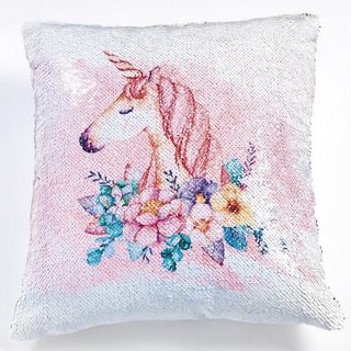 unicorn sequin cushion with white background