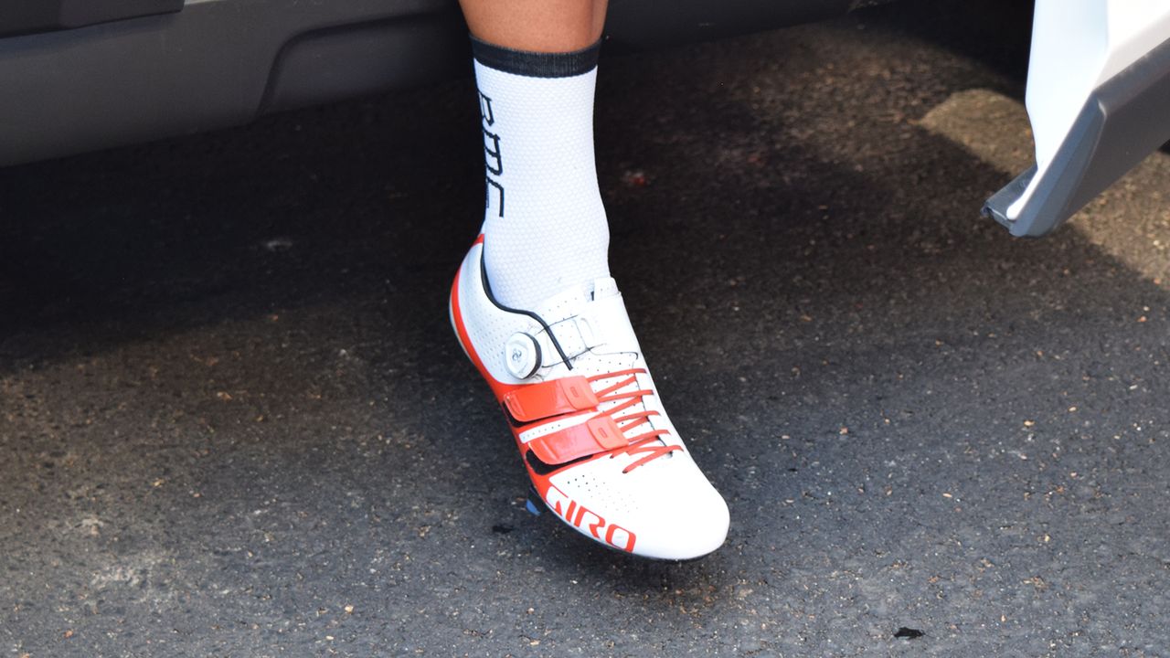Richie Porte wears Giro's Factor Techlace road shoes in a custom colourway for BMC Racing
