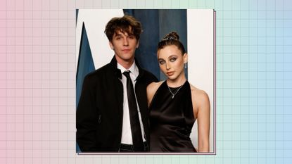 Tucker Pillsbury and Emma Chamberlain attend the 2022 Vanity Fair Oscar Party hosted by Radhika Jones at Wallis Annenberg Center for the Performing Arts on March 27, 2022 in Beverly Hills, California. In a pastel pink, green and blue template