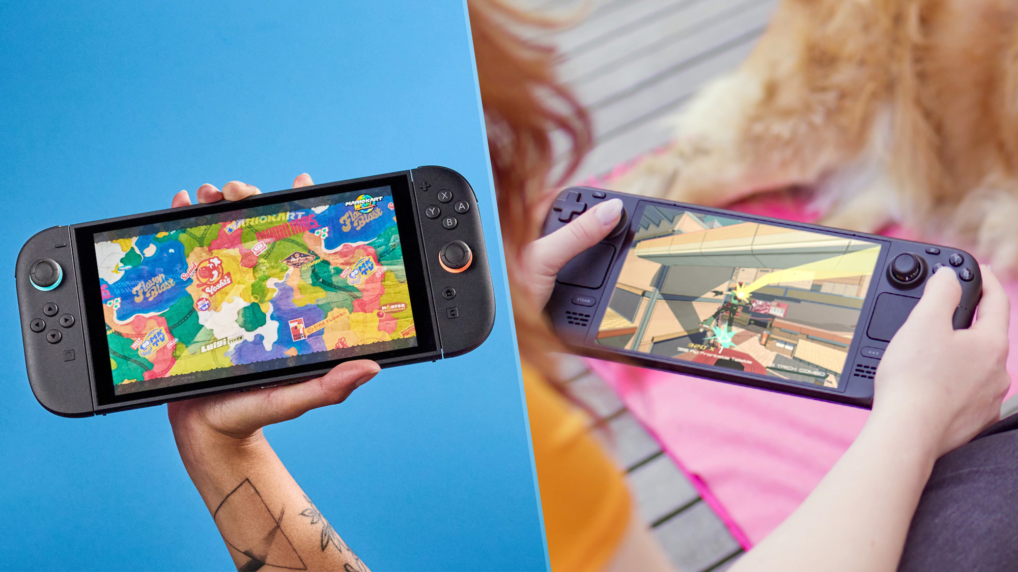 A side-by-side image showing a Nintendo Switch 2 and a Steam Deck OLED