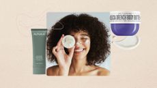 A beige backdrop with an image of a woman with curly hair, holding a moisturiser over her eye with some face cream on her cheek, smiling with her eyes shut, beside a picture of Sol de Janiero body butter with a swoosh of cream and alpha H body serum