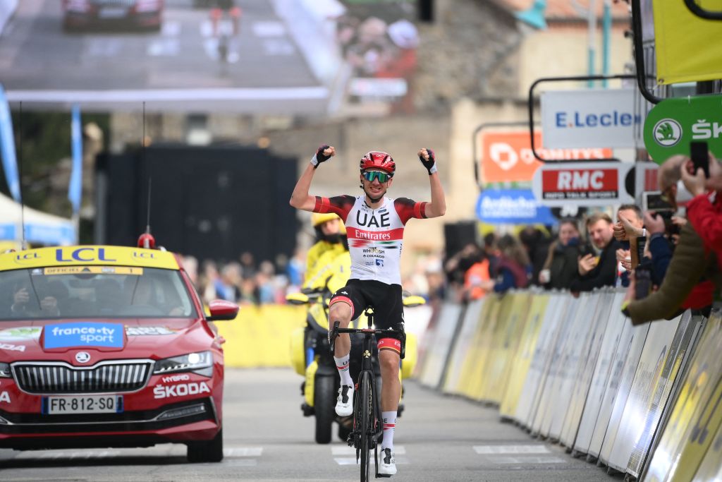 UAE Team Emirates US rider Brandon McNulty celebrates as he crosses the finish line to win the 5th stage of the 80th Paris Nice cycling race 189 km between SaintJustSaintRambert and SaintSauveurdeMontagut on March 10 2022 Photo by FRANCK FIFE AFP Photo by FRANCK FIFEAFP via Getty Images