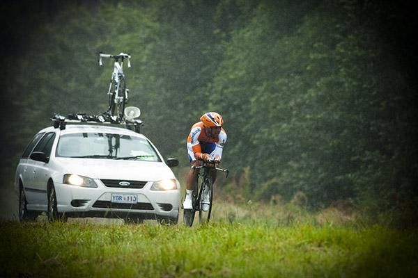Canberra's Michael Matthews (Rabobank) approaches Learmonth in persistent rain which made conditions greasy on the back roads.
