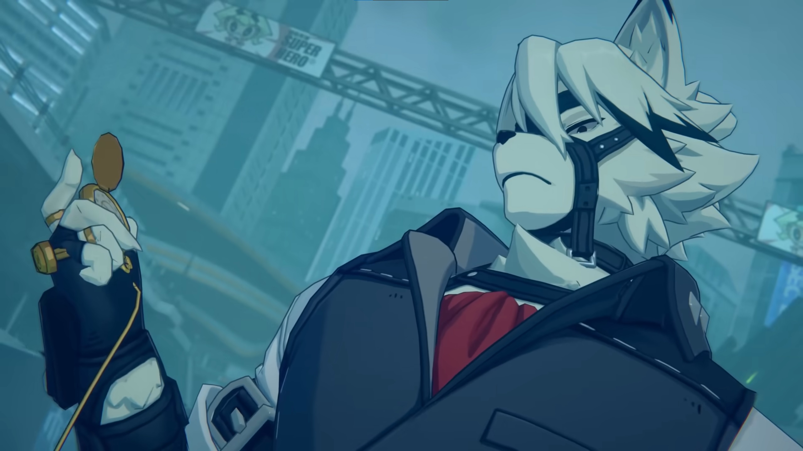 Zenless Zone Zero - A white-haired wolf character wearing a vest, red bow tie and muzzle while holding a gold pocket watch.