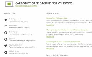 Carbonite's support webpage with links and topics