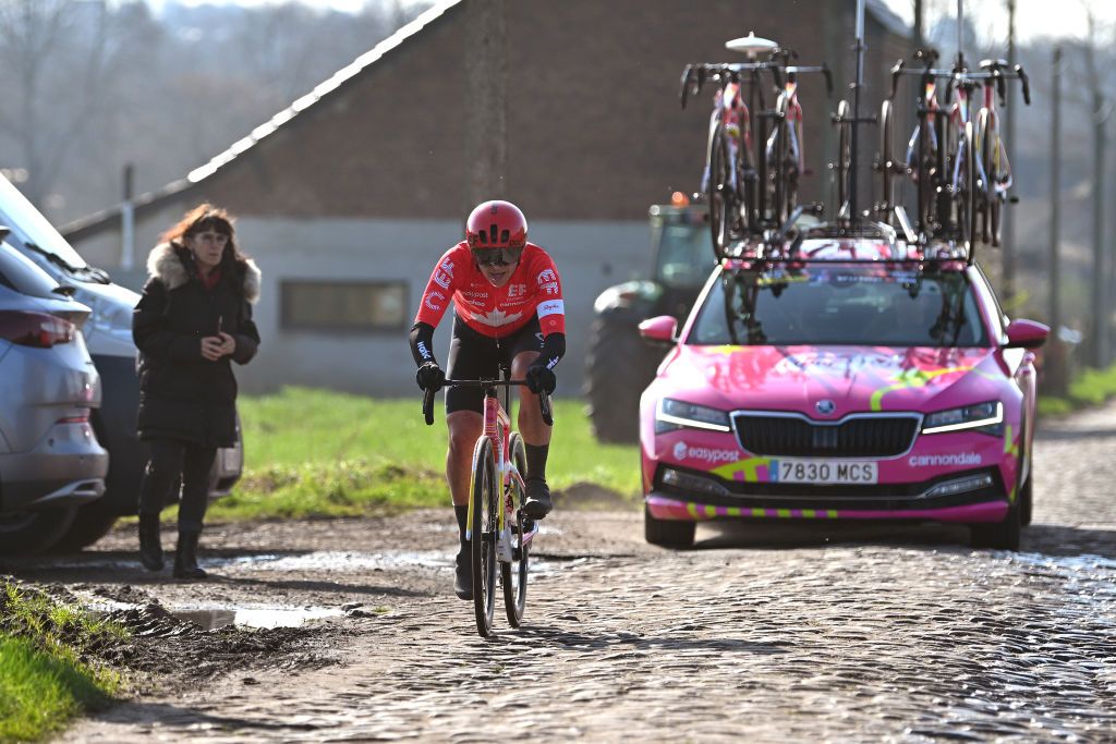 DOUR BELGIUM FEBRUARY 27 Alison Jackson of Canada and Team EF EducationCannondale attacks during the 13th Le Samyn des Dames 2024 a 114km one day race from Quaregnon to Dour on February 27 2024 in Dour Belgium Photo by Luc ClaessenGetty Images