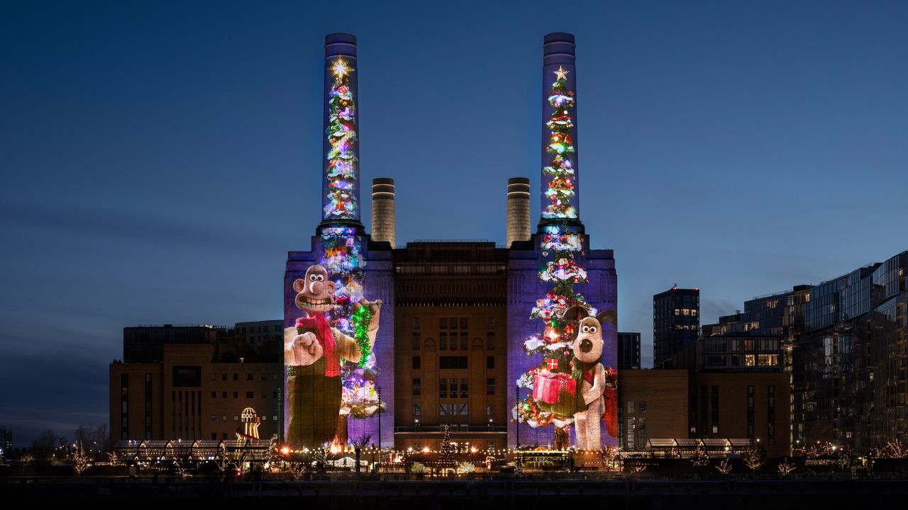 Battersea Power Station with Wallace &amp; Gromit projection