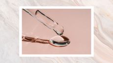 A close up of a clear glass pipette dripping a clear liquid, against a pink backdrop - to illustrate niacinamide mistakes when applying/ in a cream, white and grey marble-effect template
