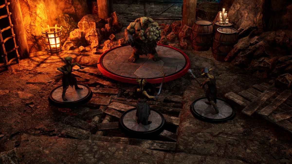 An ogre model in a mine, facing three goblin warriors