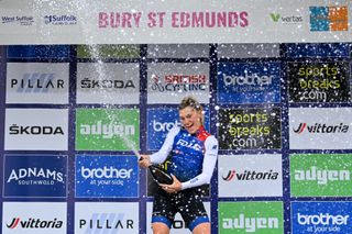 BURY ST EDMUNDS ENGLAND JUNE 06 Clara Copponi of France and Team FDJ Nouvelle Aquitaine Futuroscope celebrates winning the stage on the podium ceremony after the 8th The Womens Tour 2022 Stage 1 from Colchester to Bury St Edmunds WomensTour UCIWWT on June 06 2022 in Bury St Edmunds England Photo by Justin SetterfieldGetty Images