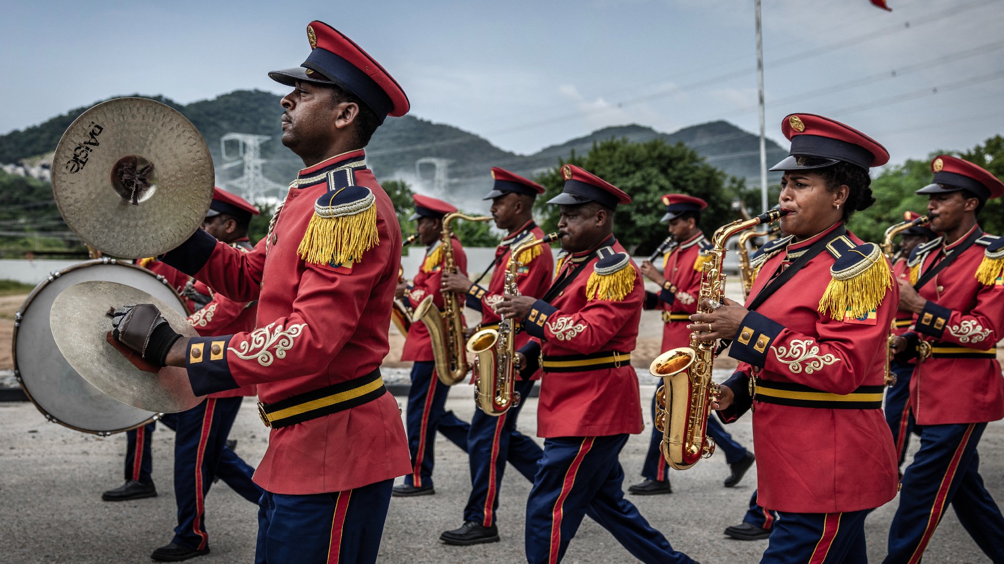 Members of the Ethiopian Republic March Band perform at the Grand Ethiopian Renaissance Dam during its official inauguration ceremony 
