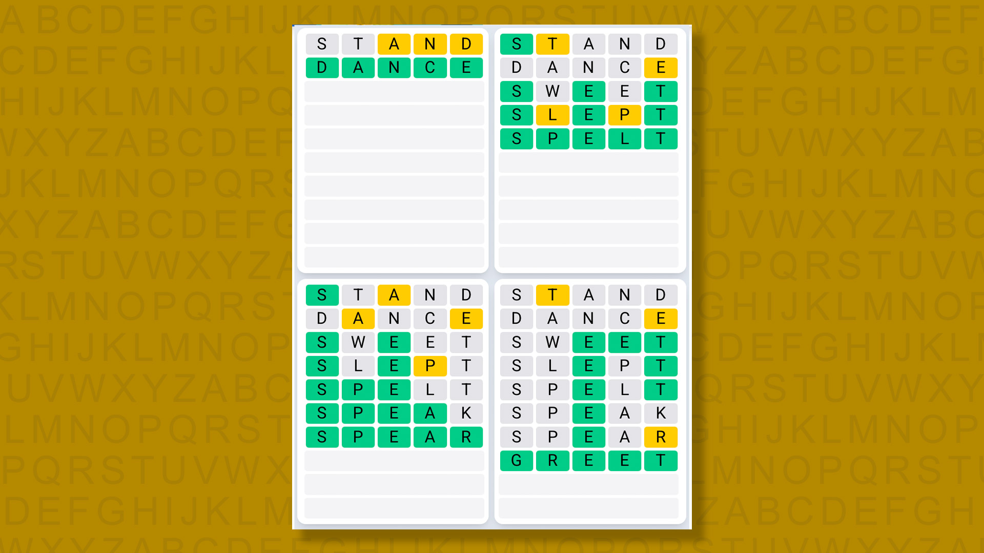 Quordle Daily Sequence answers for game 1617 on a yellow background