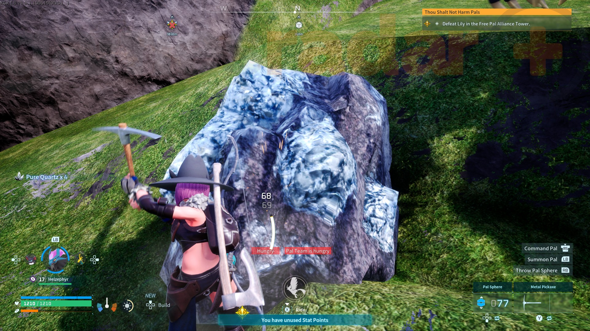 A player character mines Pure Quartz in Palworld.