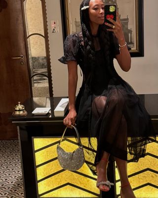 restaurant outfit ideas: black dress and crystal accessories