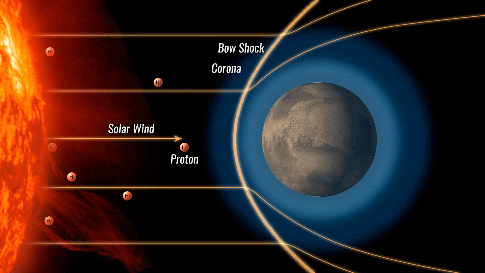This image shows the formation of a proton aurora at Mars. A solar-wind proton races toward Mars, hitting a cloud of hydrogen surrounding the planet and stealing an electron from one of those hydrogen atoms to become neutral. The atom can then pass through the magnetic bow shock surrounding Mars because it no longer carries a charge, and it collides with gas molecules in Mars' atmosphere to produce ultraviolet light.