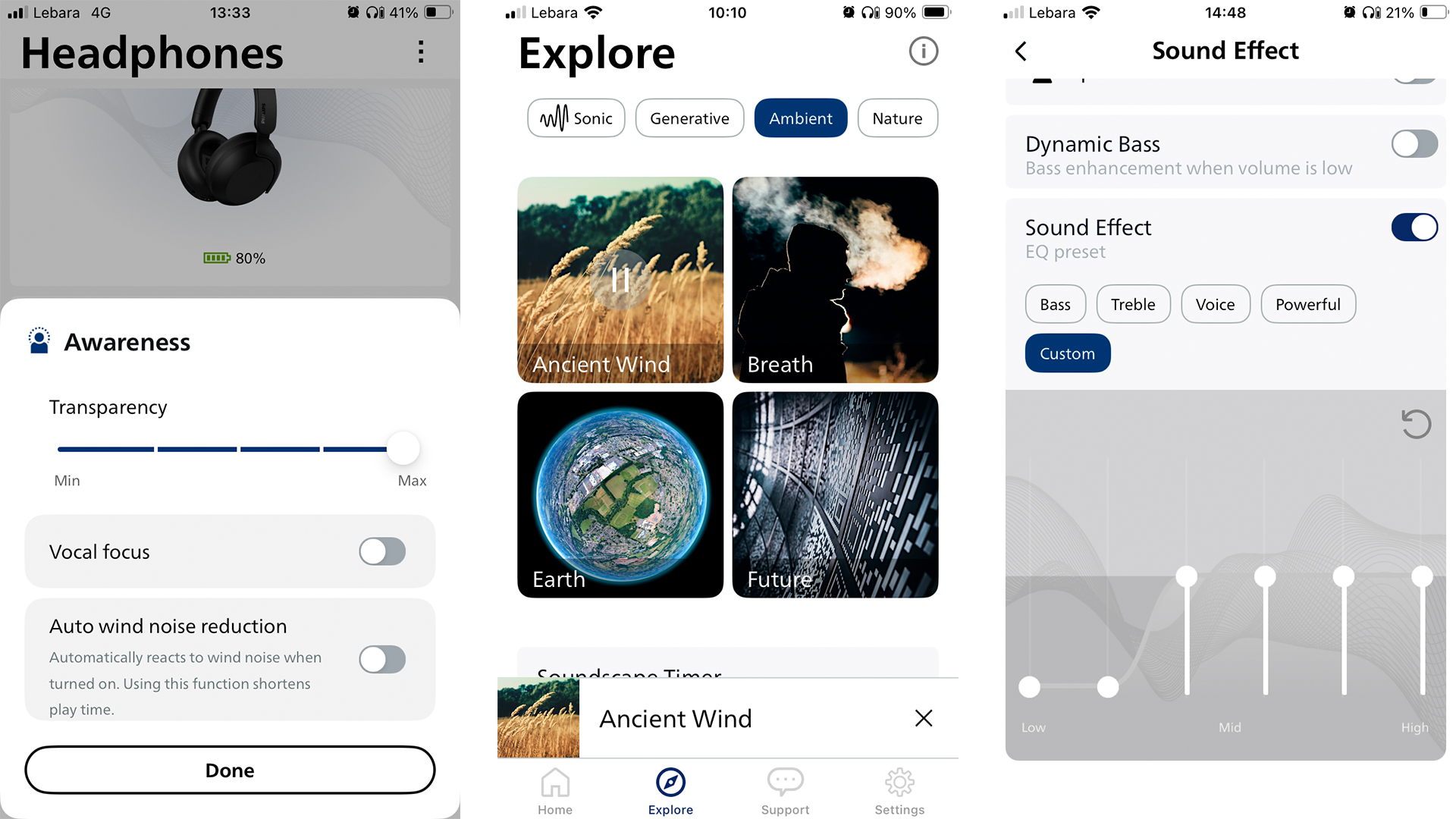 Philips TAH8000E wireless over-ear headphones app on three smartphone screens