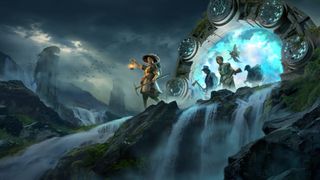 Nightingale art director interview; people stand at the top of a waterfall