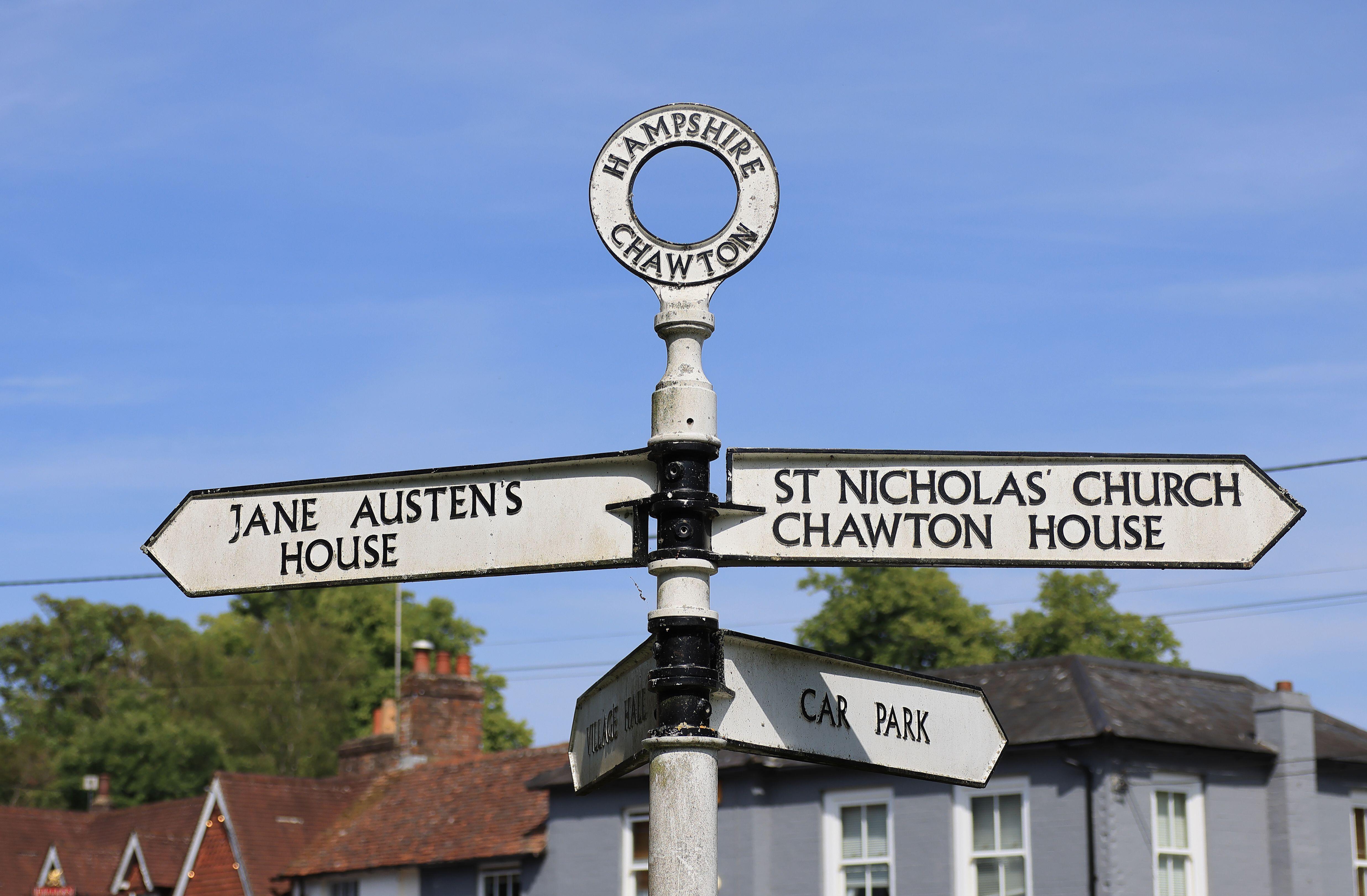 Signpost in the village of Chawton in Hampshire where Jane Austen lived