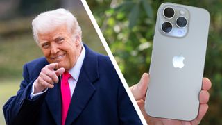 Donald Trump next to a photo of a hand holding the iPhone 16 Pro