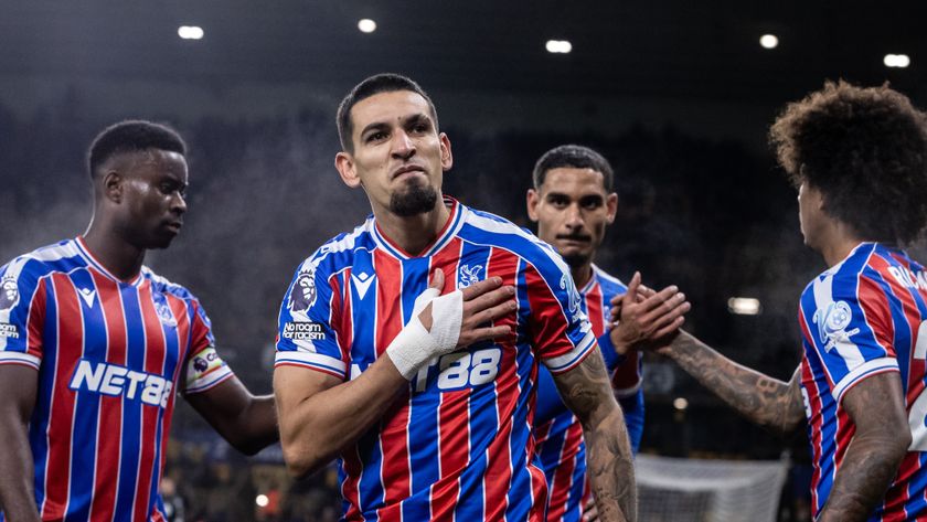 Crystal Palace&#039;s Daniel Munoz celebrates scoring his side&#039;s first goal during the Premier League match between Wolverhampton Wanderers and Crystal Palace at Molineux on November 22, 2025 in Wolverhampton, England. 
