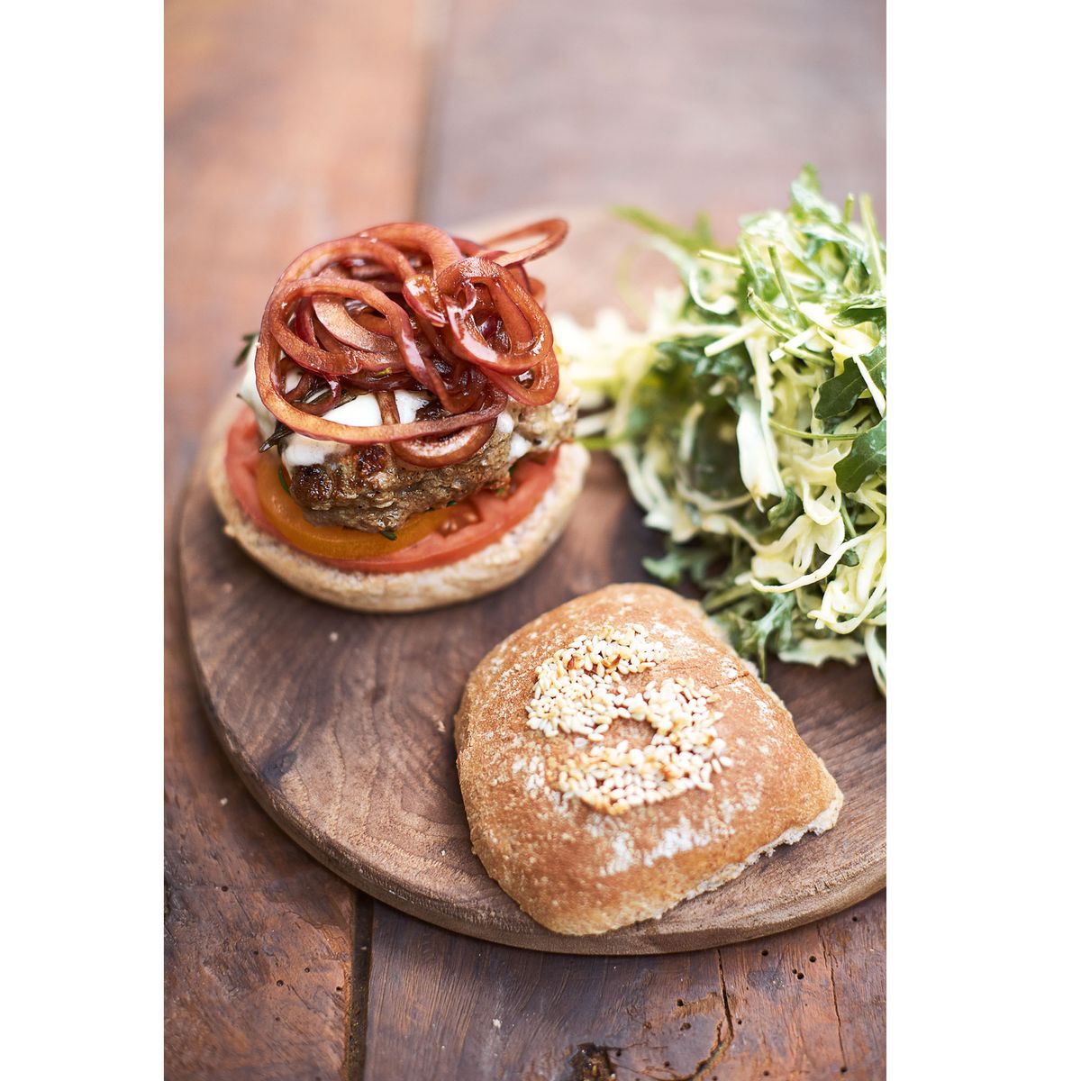 Jamie Oliver's Italian SuperFood Burgers, Balsamic Onions Mozzarella