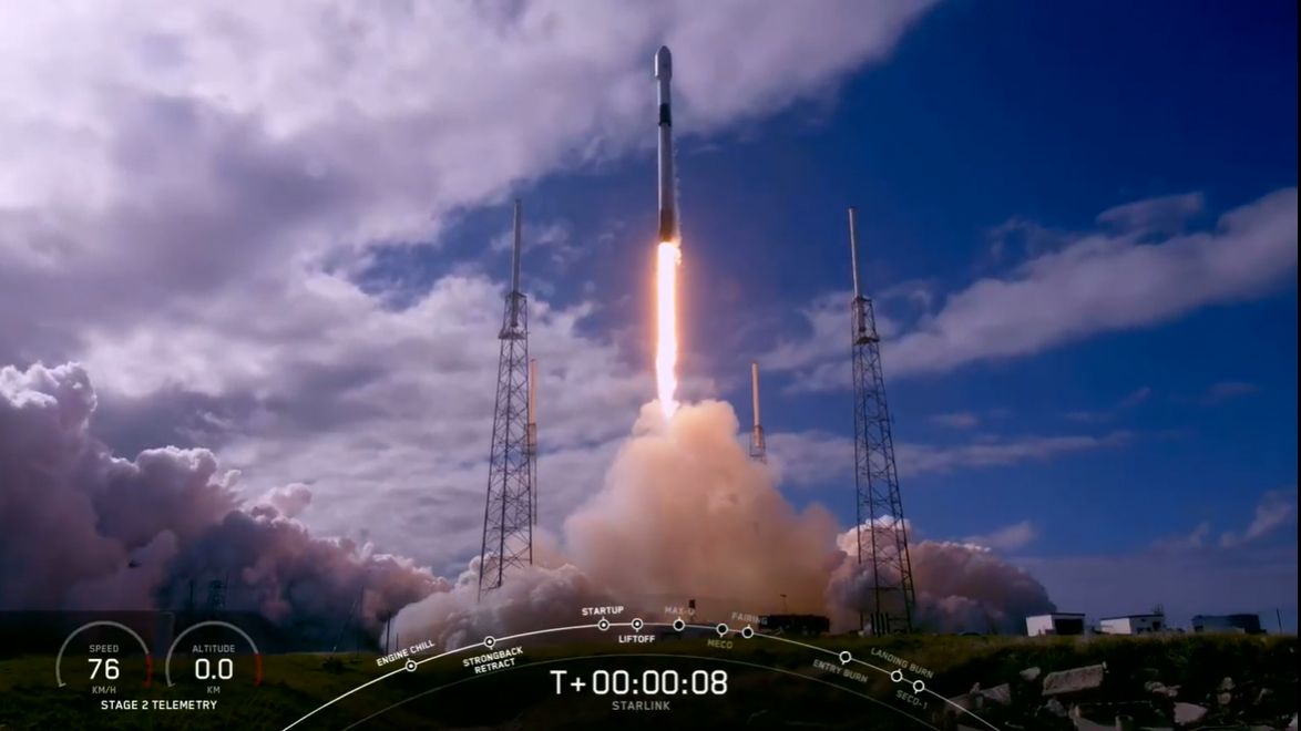 A SpaceX Falcon 9 rocket making its fourth trip to space launches 60 new Starlink internet satellites into orbit from Cape Canaveral Air Force Station in Florida on Nov. 11, 2019.